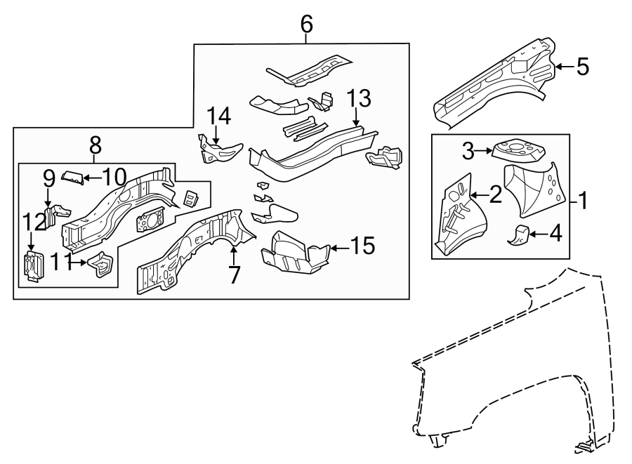 Diagram FENDER. STRUCTURAL COMPONENTS & RAILS. for your 2015 GMC Sierra 2500 HD 6.6L Duramax V8 DIESEL A/T 4WD SLE Standard Cab Pickup Fleetside 