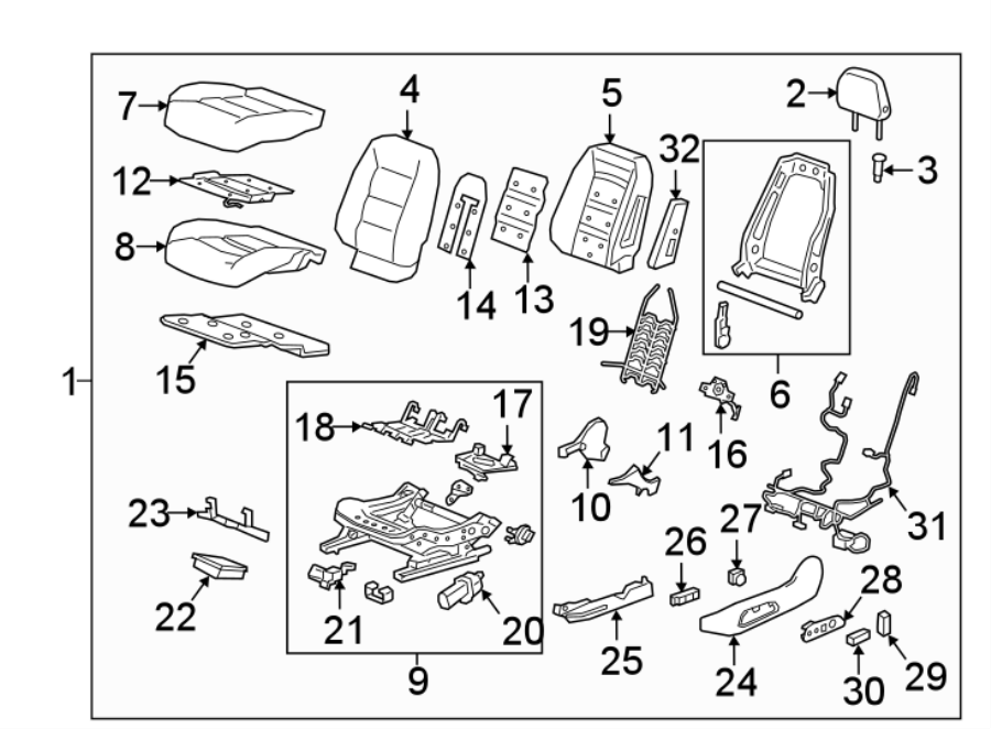 Diagram Seats & tracks. Driver seat components. for your 2007 Chevrolet Impala   