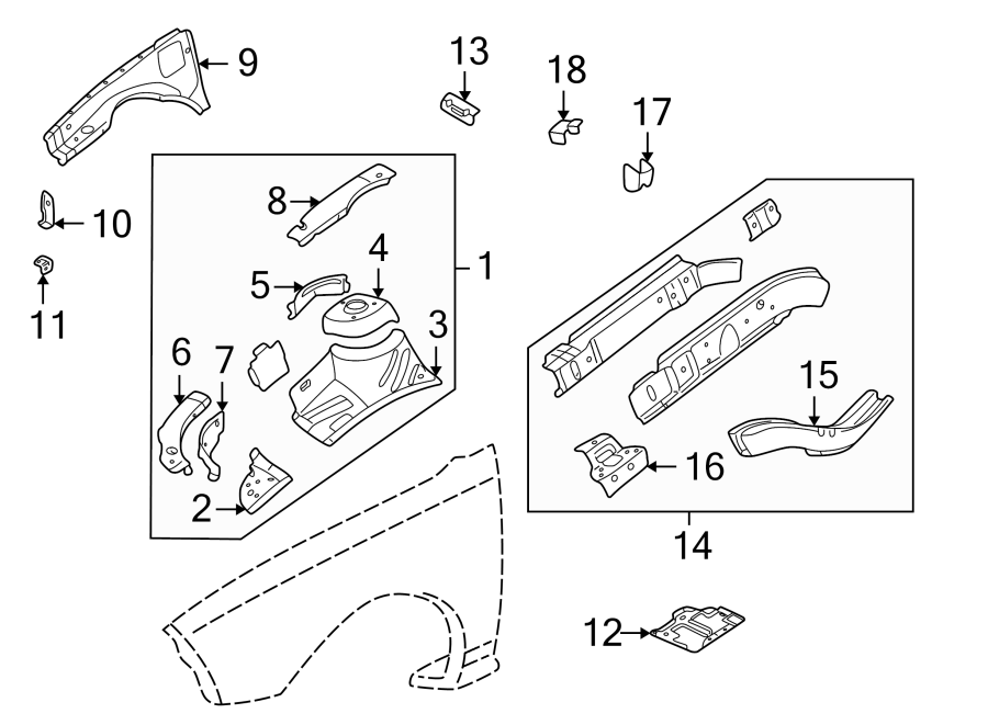 Diagram FENDER. STRUCTURAL COMPONENTS & RAILS. for your 2021 GMC Sierra 2500 HD  SLE Extended Cab Pickup Fleetside 