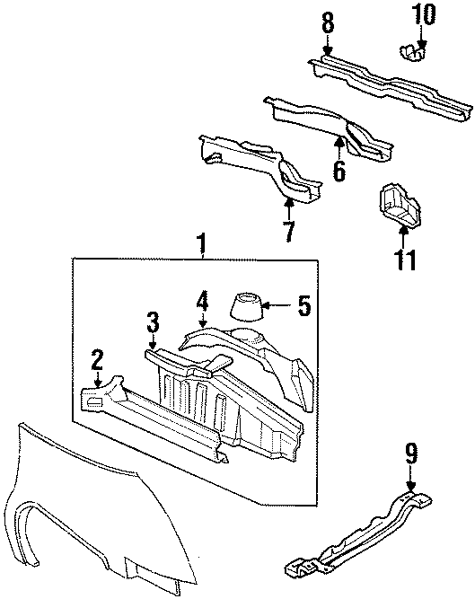 Diagram FENDER. STRUCTURAL COMPONENTS & RAILS. for your 1989 Chevrolet Celebrity CL Wagon  