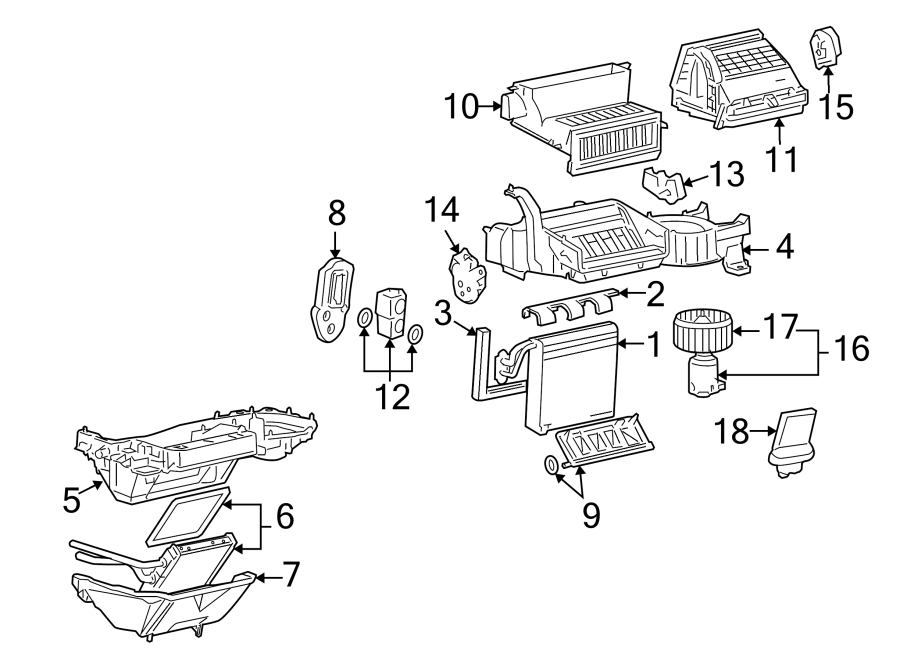 Diagram AIR CONDITIONER & HEATER. BLOWER MOTOR & FAN. EVAPORATOR & HEATER COMPONENTS. for your 2005 Chevrolet Blazer   