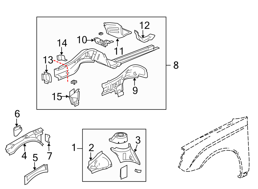 Diagram FENDER. STRUCTURAL COMPONENTS & RAILS. for your Pontiac G6  