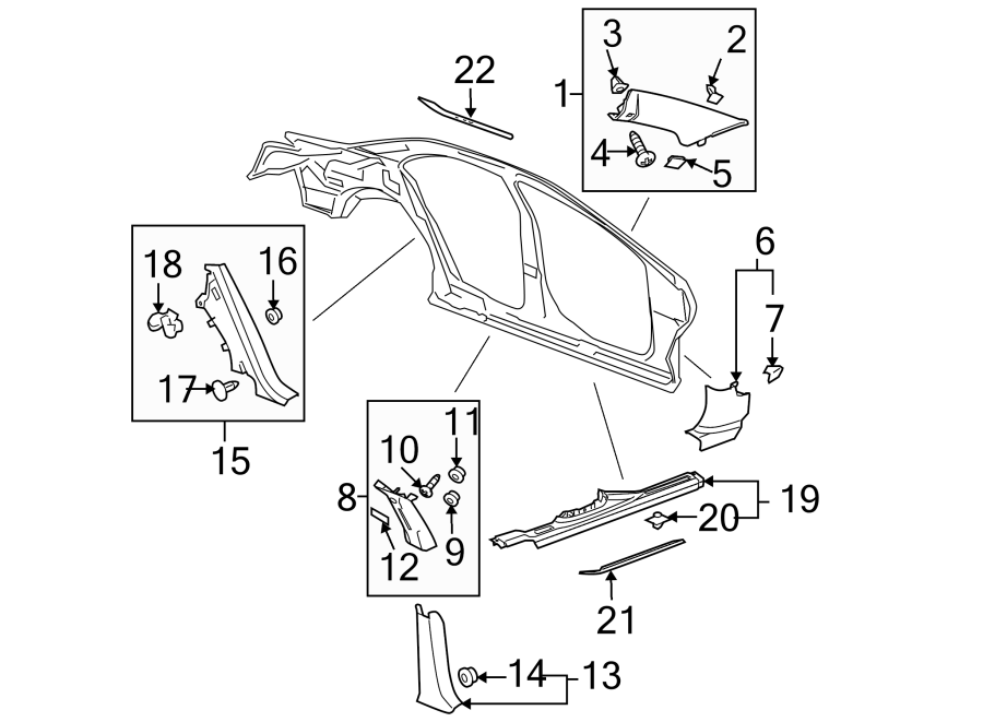 Diagram Pillars. Rocker & floor. Interior trim. for your 2007 Chevrolet Aveo5   