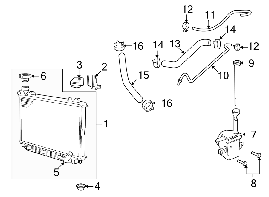 Diagram RADIATOR & COMPONENTS. for your 1995 Chevrolet K2500  Base Standard Cab Pickup Fleetside 4.3L Chevrolet V6 A/T 