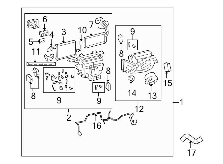 Diagram AIR CONDITIONER & HEATER. EVAPORATOR & HEATER COMPONENTS. for your 2005 Chevrolet Venture    