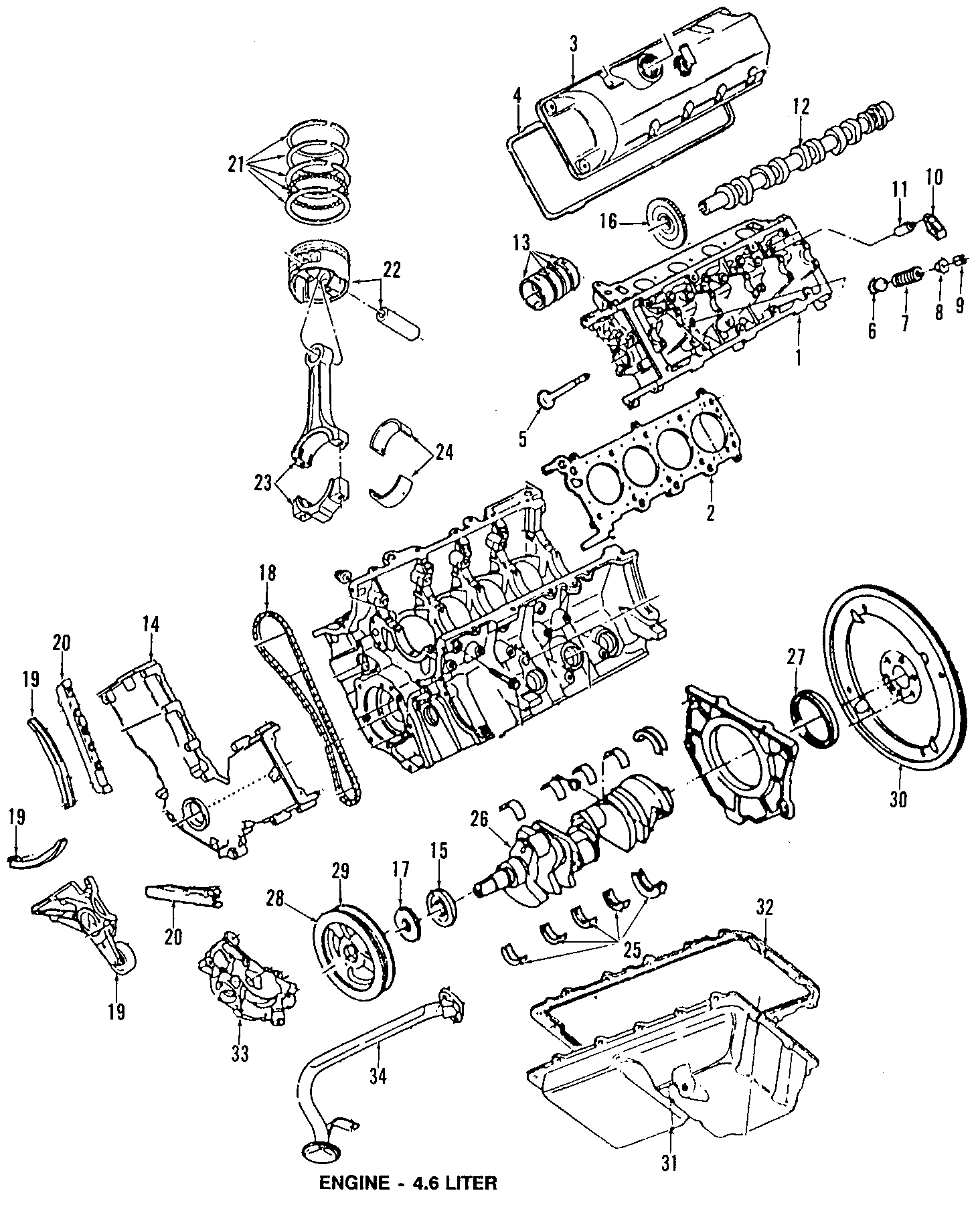 Diagram CAMSHAFT & TIMING. CRANKSHAFT & BEARINGS. CYLINDER HEAD & VALVES. LUBRICATION. MOUNTS. PISTONS. RINGS & BEARINGS. for your 1993 Ford Crown Victoria   