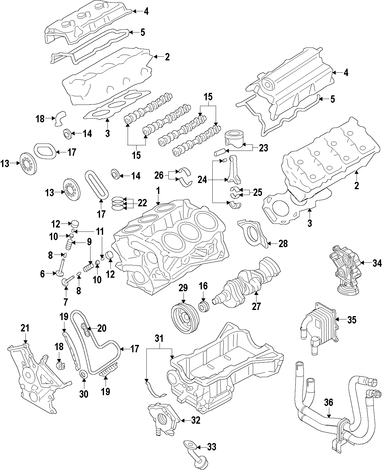 Diagram CAMSHAFT & TIMING. CRANKSHAFT & BEARINGS. CYLINDER HEAD & VALVES. LUBRICATION. MOUNTS. PISTONS. RINGS & BEARINGS. for your Ford