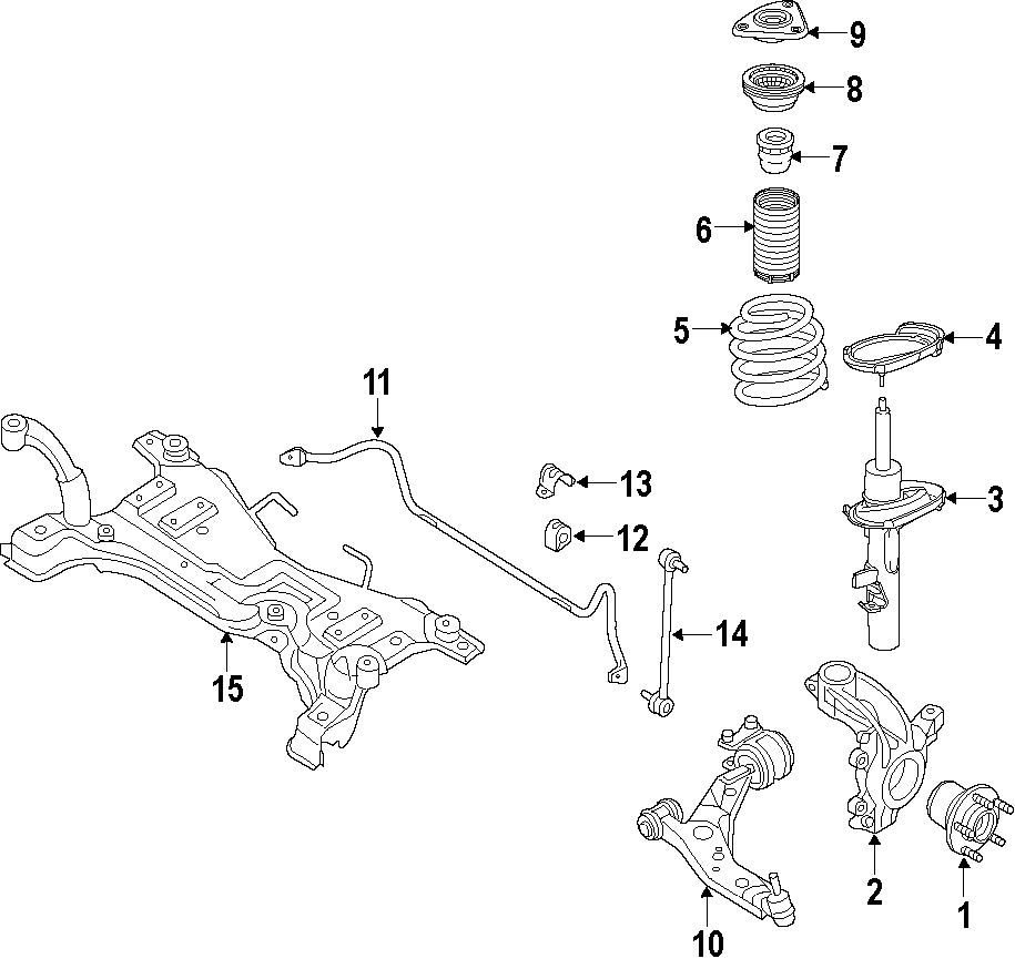 Diagram FRONT SUSPENSION. LOWER CONTROL ARM. STABILIZER BAR. SUSPENSION COMPONENTS. for your Ford Focus  