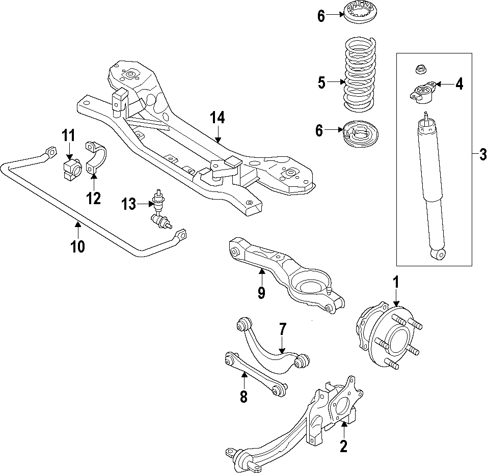 Diagram REAR SUSPENSION. LOWER CONTROL ARM. STABILIZER BAR. SUSPENSION COMPONENTS. UPPER CONTROL ARM. for your 2013 Ford Focus   