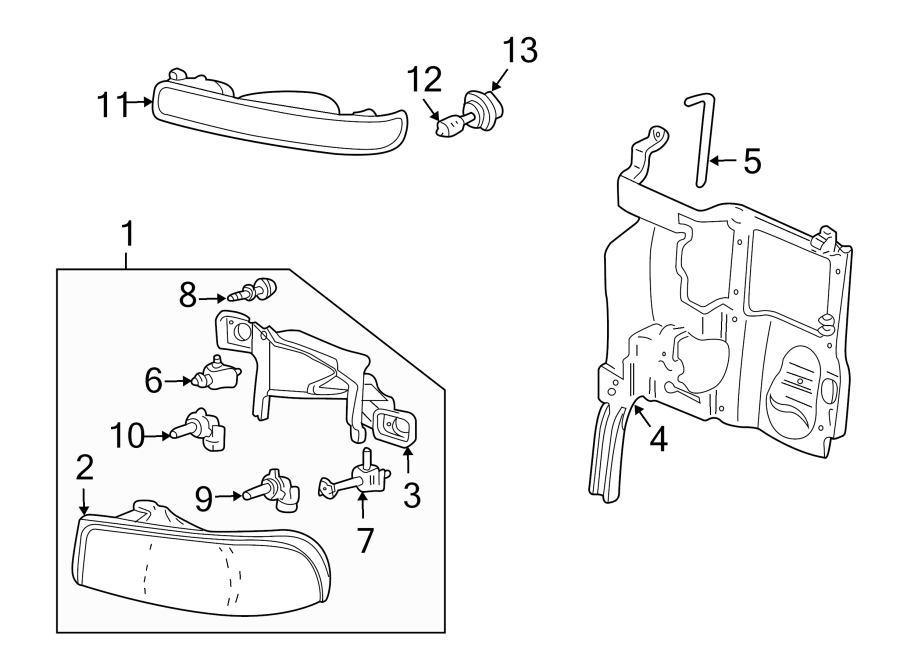 Front lamps. Headlamp components. Park & side marker lamps. Diagram