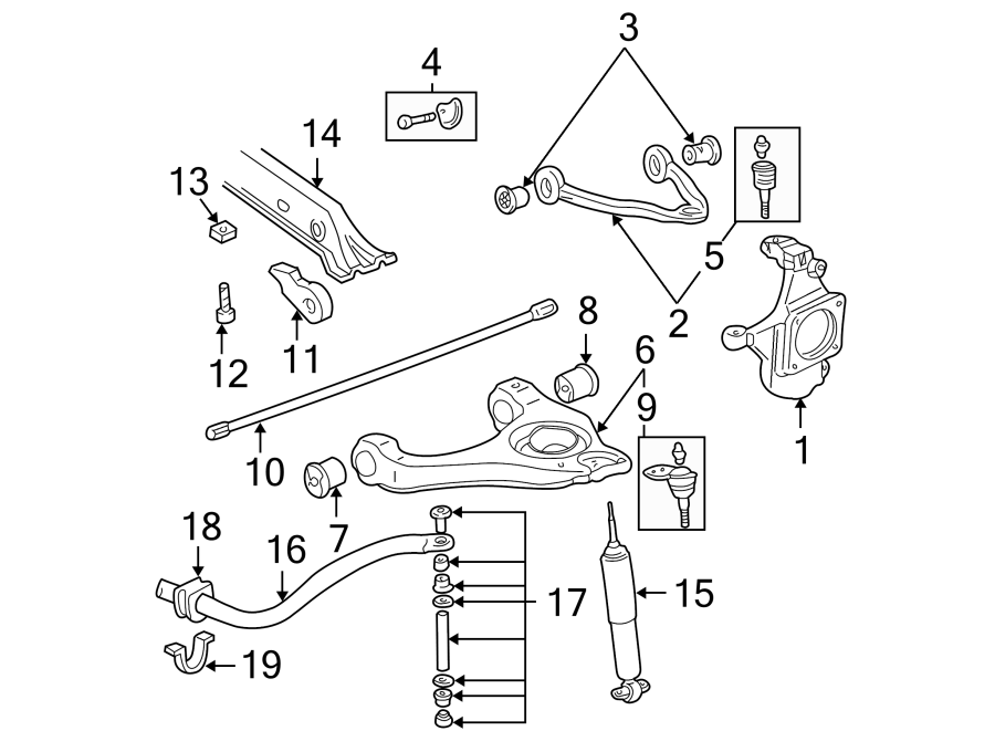 Diagram Front suspension. Pillars. Rocker & floor. Stabilizer bar & components. Suspension components. for your 2003 GMC Sonoma SLS Crew Cab Pickup Fleetside 2.2L Vortec M/T RWD 