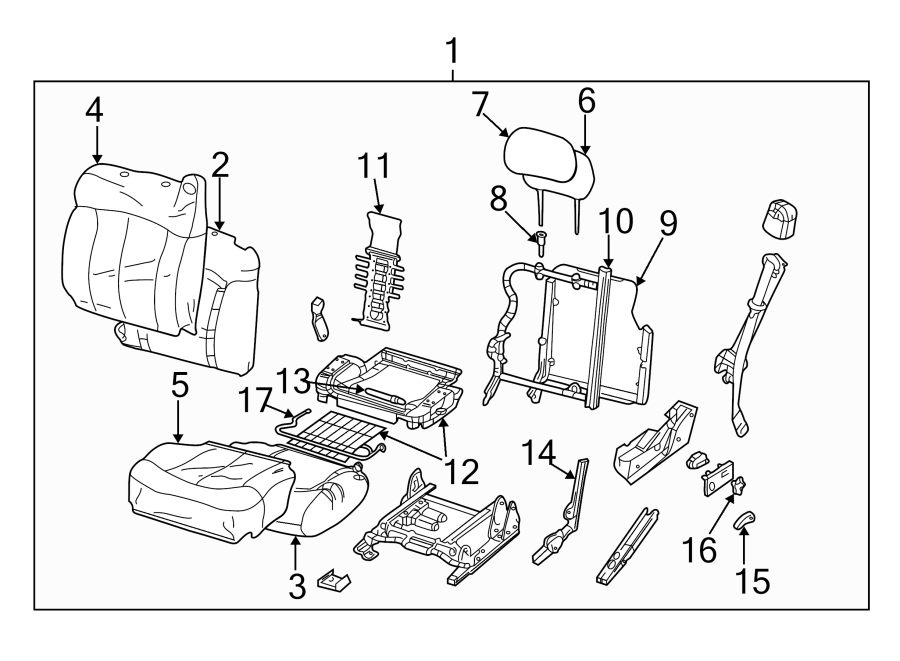 Diagram SEATS & TRACKS. FRONT SEAT COMPONENTS. for your 2005 Chevrolet Suburban 1500 Z71 Sport Utility 5.3L Vortec V8 FLEX A/T 4WD 