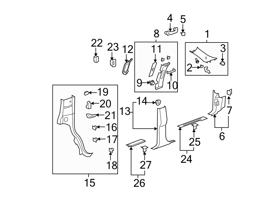 PILLARS. ROCKER & FLOOR. INTERIOR TRIM. Diagram