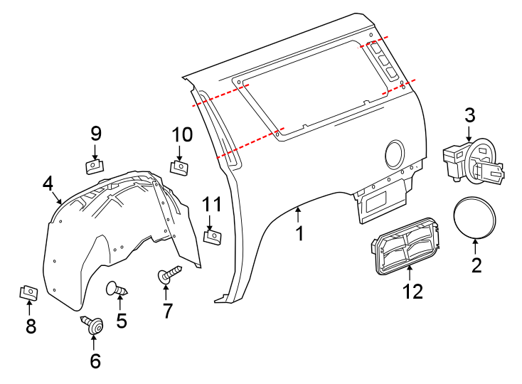 Diagram QUARTER PANEL & COMPONENTS. for your 2005 Chevrolet Avalanche 1500   