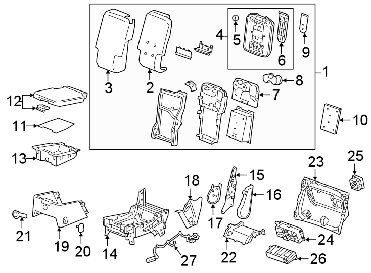 Seats & tracks. Front seat components. Diagram