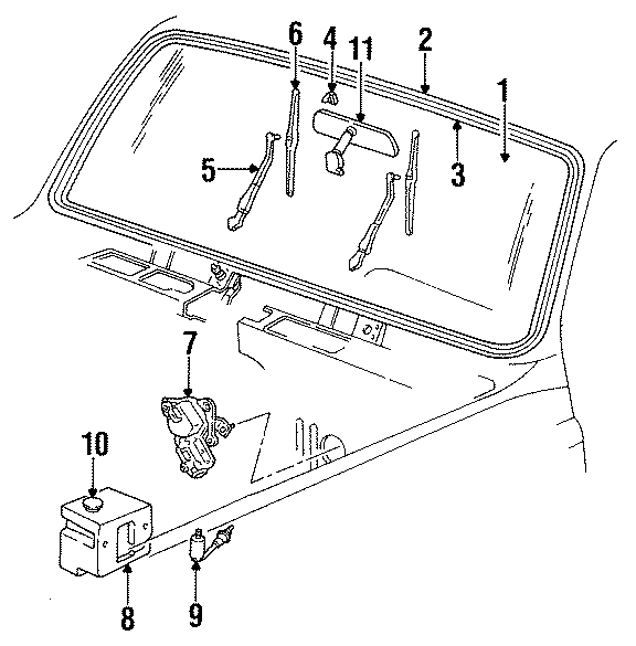 11WINDSHIELD. GLASS. REVEAL MOLDINGS. WIPER & WASHER COMPONENTS.https://images.simplepart.com/images/parts/motor/fullsize/GA85131.png