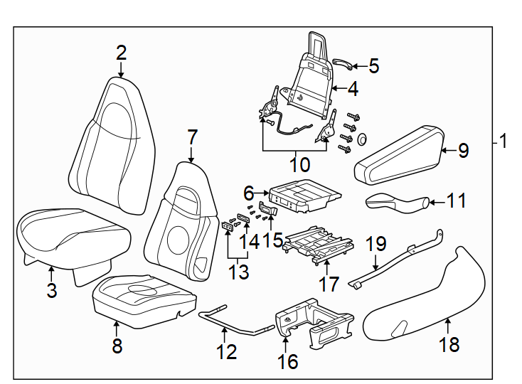 Diagram Seats & tracks. Passenger seat components. for your 2011 Chevrolet Express 3500 LS Standard Passenger Van 6.0L Vortec V8 FLEX A/T 