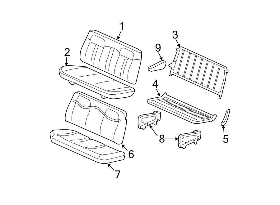 Seats & tracks. Rear seat components. Diagram