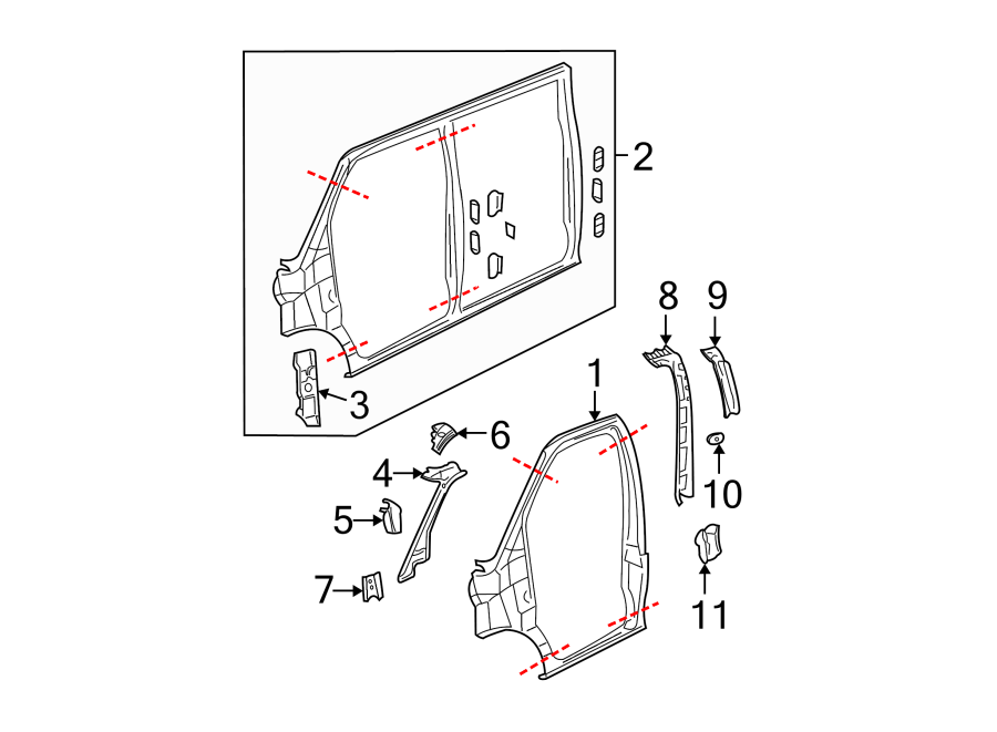 Diagram PILLARS. ROCKER & FLOOR. CENTER PILLAR. HINGE PILLAR. UNISIDE. for your 2004 Chevrolet Express 3500   