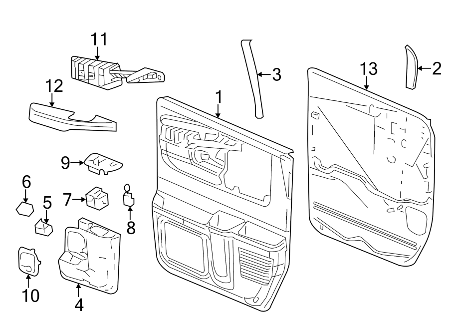 Diagram Front door. Interior trim. for your 2011 Chevrolet Express 3500 LS Extended Passenger Van 6.0L Vortec V8 FLEX A/T 