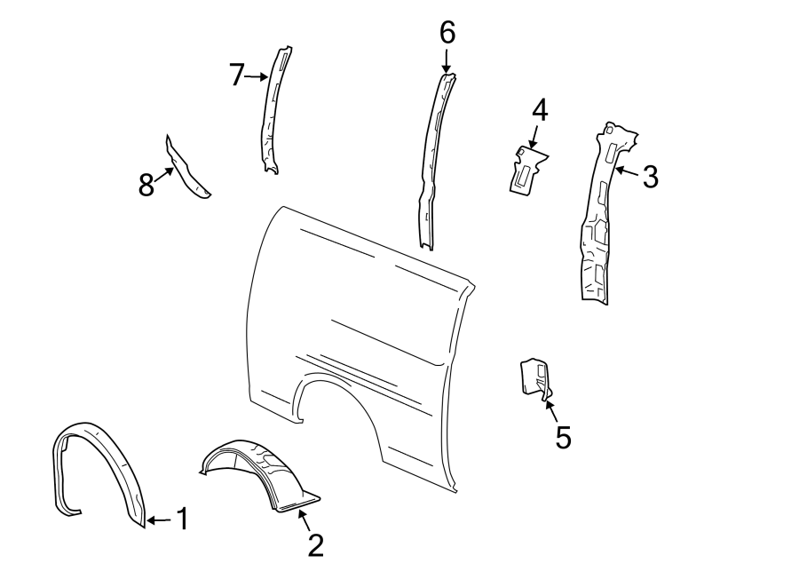 Diagram Body side panels. Exterior trim. Inner structure. for your 2018 Chevrolet Express 3500   