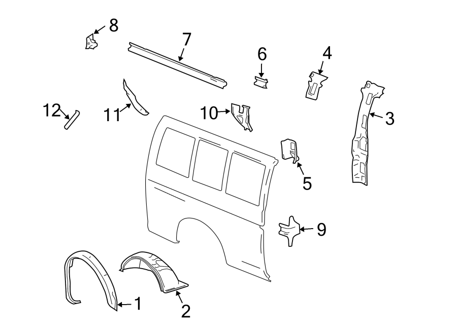 Diagram Body side panels. Grille. Inner structure. for your 2018 Chevrolet Express 3500   