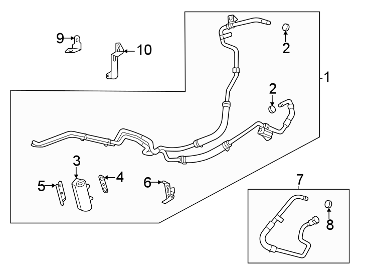 Diagram TRANS oil cooler lines. for your 2021 GMC Sierra 2500 HD 6.6L Duramax V8 DIESEL A/T 4WD SLT Crew Cab Pickup 