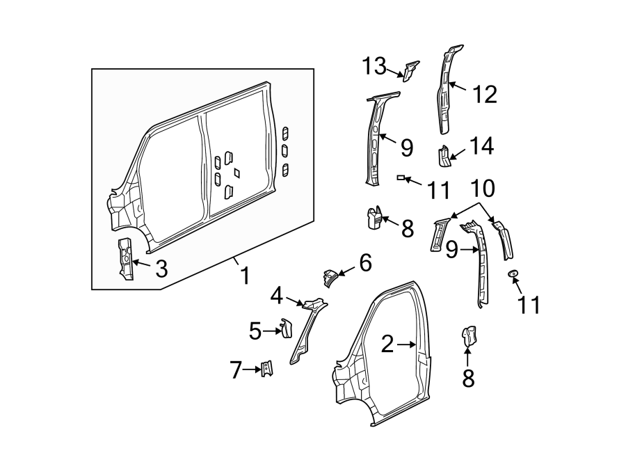 Diagram Pillars. Rocker & floor. Center pillar. Hinge pillar. Uniside. for your 1999 Chevrolet Express 3500   