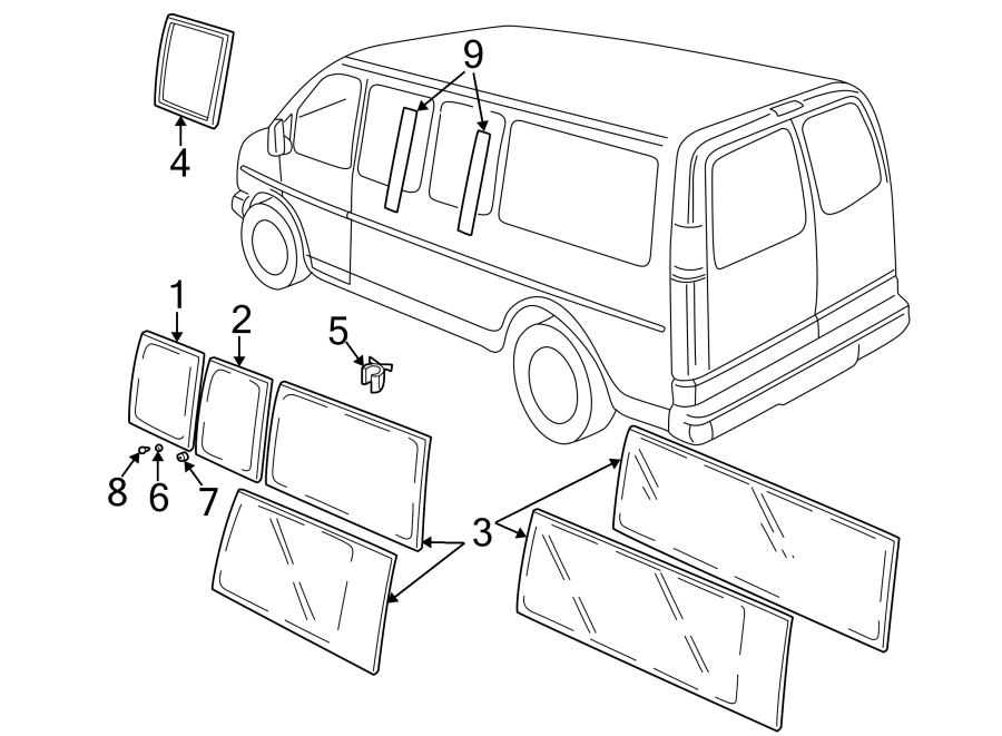 Diagram Body side panels. Glass. for your 2002 GMC Sierra 2500 HD 8.1L Vortec V8 A/T RWD SL Standard Cab Pickup Fleetside 