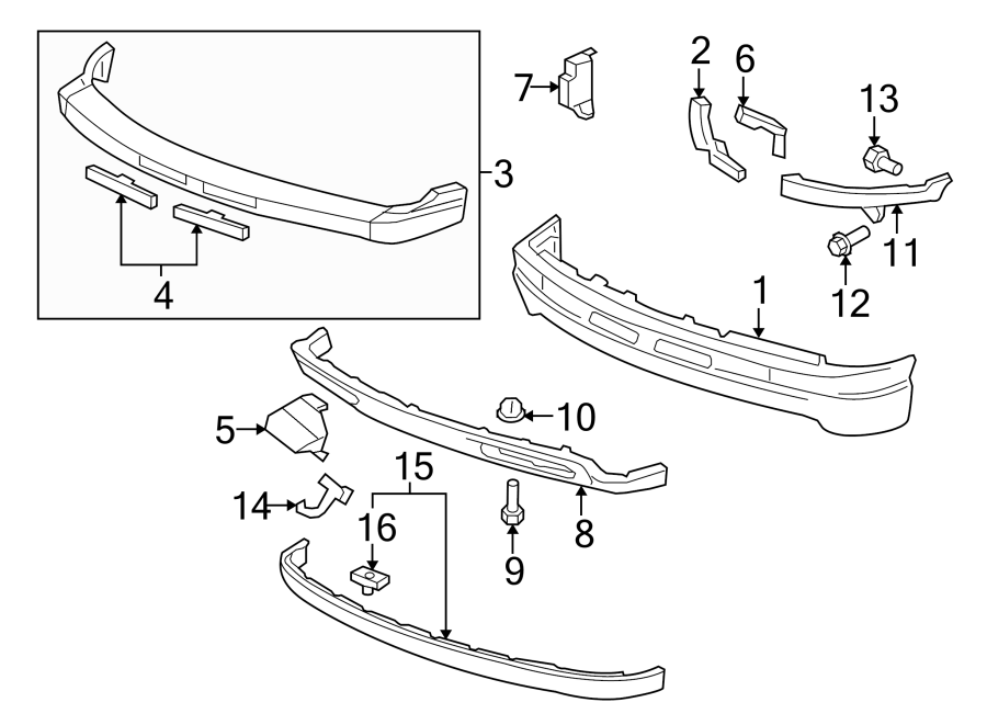 Diagram FRONT BUMPER. BUMPER & COMPONENTS. for your 2006 GMC Sierra 3500 6.0L Vortec V8 M/T 4WD SLT Extended Cab Pickup Fleetside 