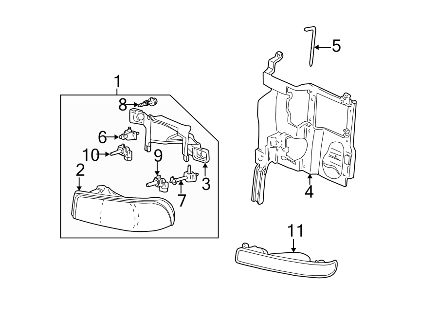 Diagram FRONT LAMPS. HEADLAMP COMPONENTS. PARK & SIDE MARKER LAMPS. for your Oldsmobile