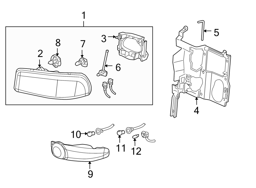 Diagram FRONT LAMPS. HEADLAMP COMPONENTS. PARK & SIDE MARKER LAMPS. for your Oldsmobile