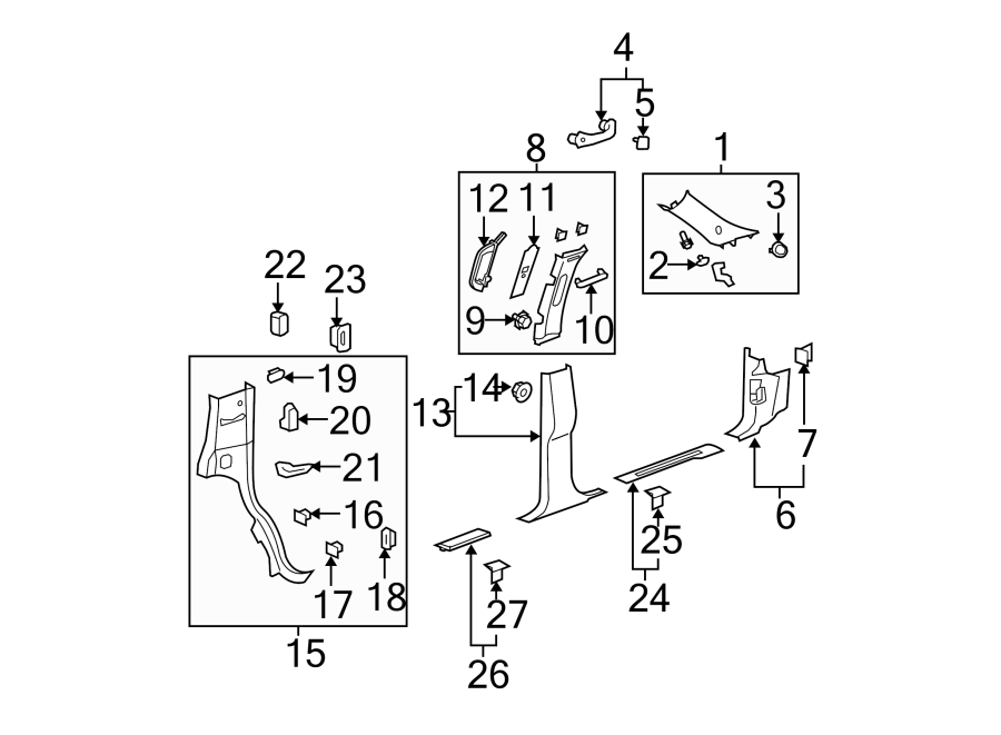 Diagram PILLARS. ROCKER & FLOOR. INTERIOR TRIM. for your 2003 Cadillac Escalade EXT   