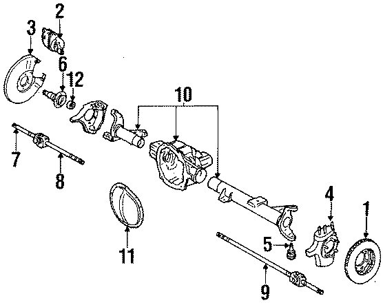 Diagram FRONT SUSPENSION. AXLE COMPONENTS. AXLE HOUSING. BRAKE COMPONENTS. SUSPENSION COMPONENTS. for your 2013 Chevrolet Suburban 1500 LS Sport Utility  