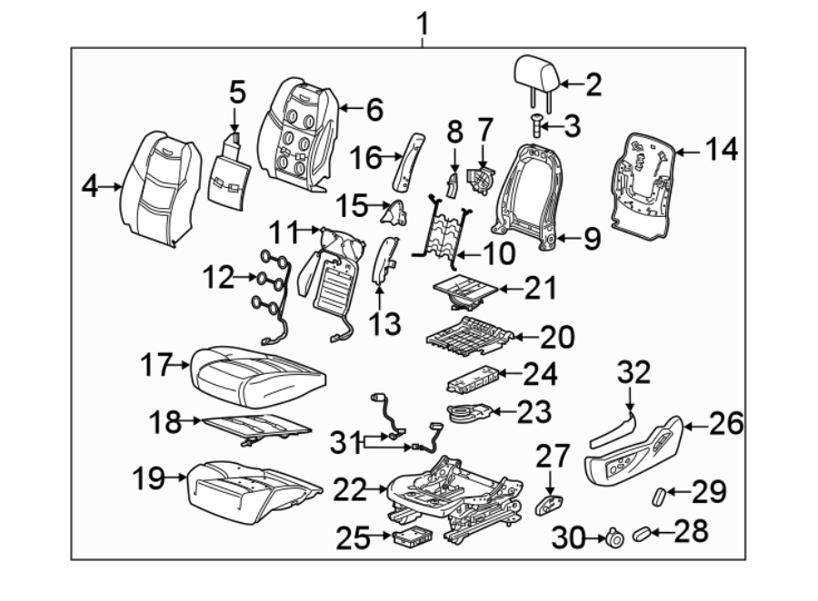 Diagram Seats & tracks. Driver seat components. for your 2007 GMC Sierra 2500 HD 6.0L Vortec V8 A/T 4WD SLE Extended Cab Pickup 