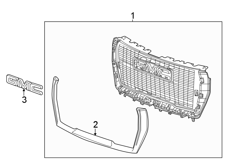 Front bumper & grille. Grille & components.