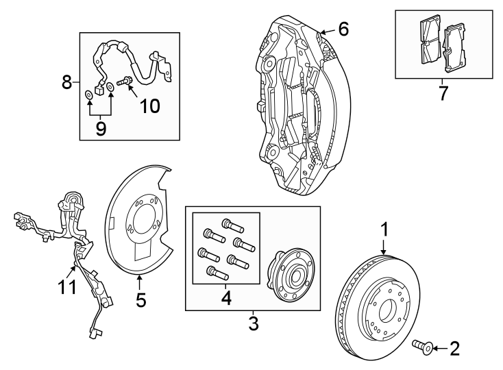 Diagram Front suspension. Brake components. for your 2015 GMC Sierra 2500 HD 6.6L Duramax V8 DIESEL A/T 4WD SLE Extended Cab Pickup Fleetside 