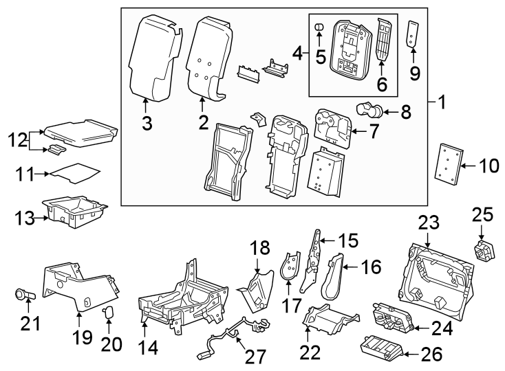 Seats & tracks. Front seat components. Diagram