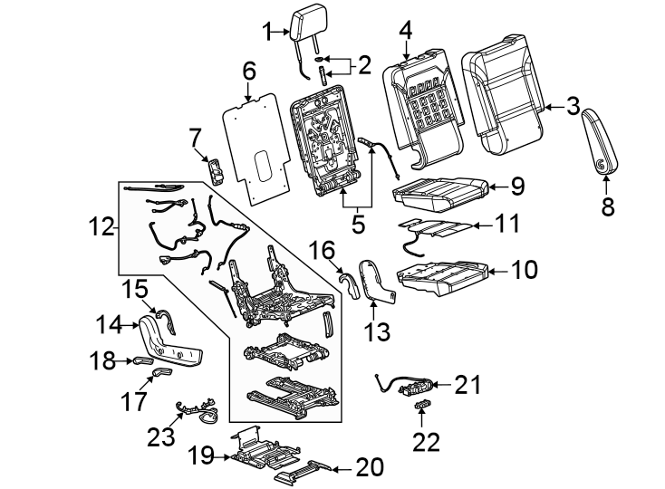 Seats & tracks. Second row seats. Diagram