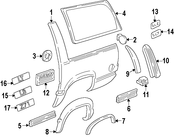 Diagram EXTERIOR TRIM. QUARTER PANEL & COMPONENTS. for your 2002 GMC Sierra 2500 HD 8.1L Vortec V8 A/T RWD SL Standard Cab Pickup Fleetside 