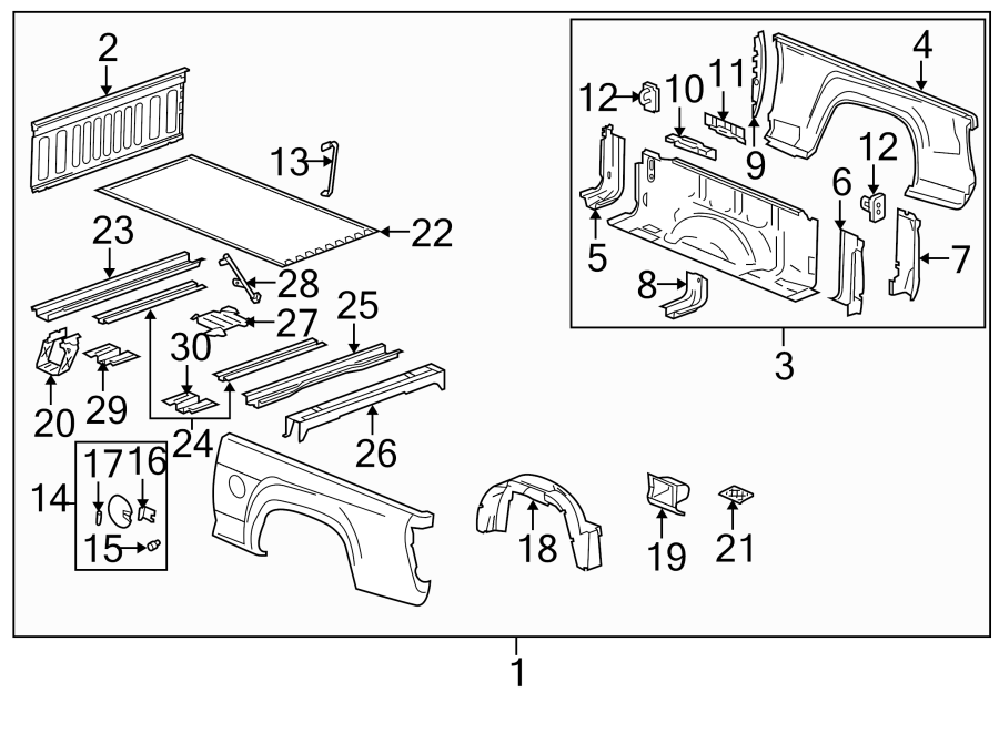 Diagram PICK UP BOX. BOX ASSEMBLY. FLOOR. FRONT & SIDE PANELS. for your 2003 GMC Sierra 2500 HD 6.6L Duramax V8 DIESEL A/T RWD SLE Standard Cab Pickup 