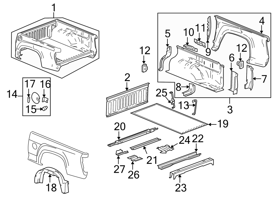 Diagram PICK UP BOX. BOX ASSEMBLY. FLOOR. FRONT & SIDE PANELS. for your Oldsmobile