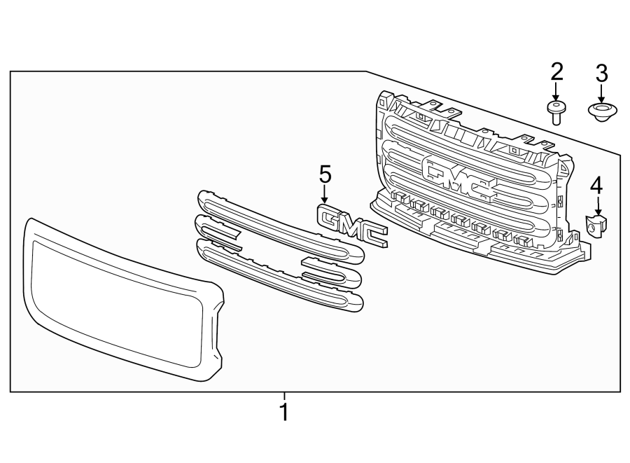 Diagram GRILLE & COMPONENTS. for your 2021 Chevrolet Silverado 3500 HD LT Cab & Chassis Fleetside  