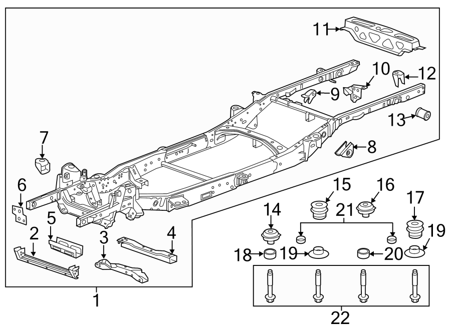 Diagram FRAME & COMPONENTS. for your 2019 GMC Sierra 2500 HD 6.6L Duramax V8 DIESEL A/T 4WD Denali Crew Cab Pickup Fleetside 