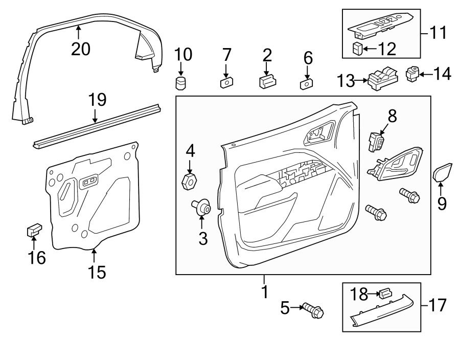 Diagram FRONT DOOR. INTERIOR TRIM. for your 2019 GMC Sierra 2500 HD 6.6L Duramax V8 DIESEL A/T RWD Denali Crew Cab Pickup Fleetside 