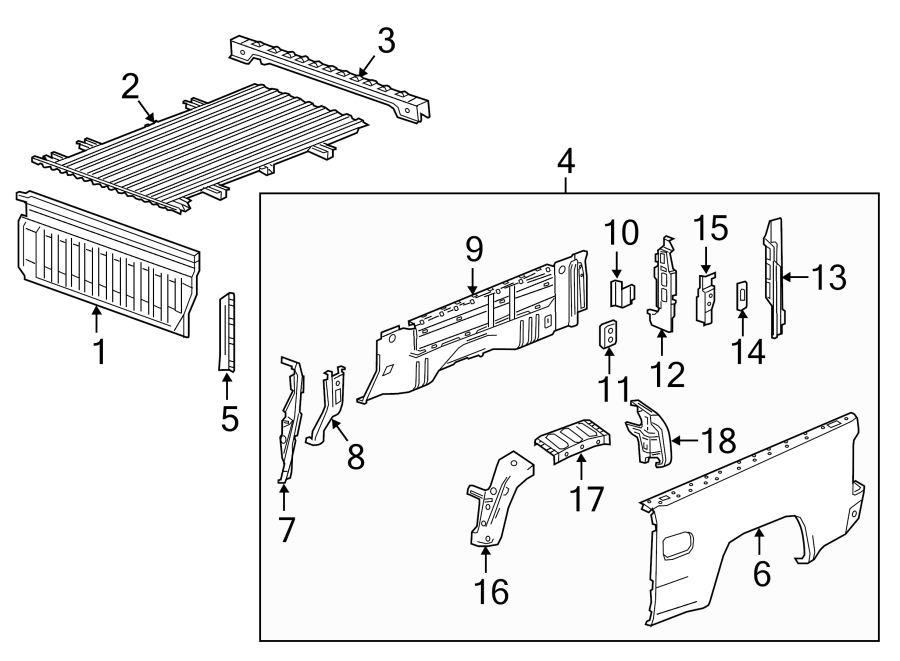 Diagram Pick up box components. for your 2006 GMC Sierra 3500 6.6L Duramax V8 DIESEL A/T 4WD SLE Standard Cab Pickup Fleetside 