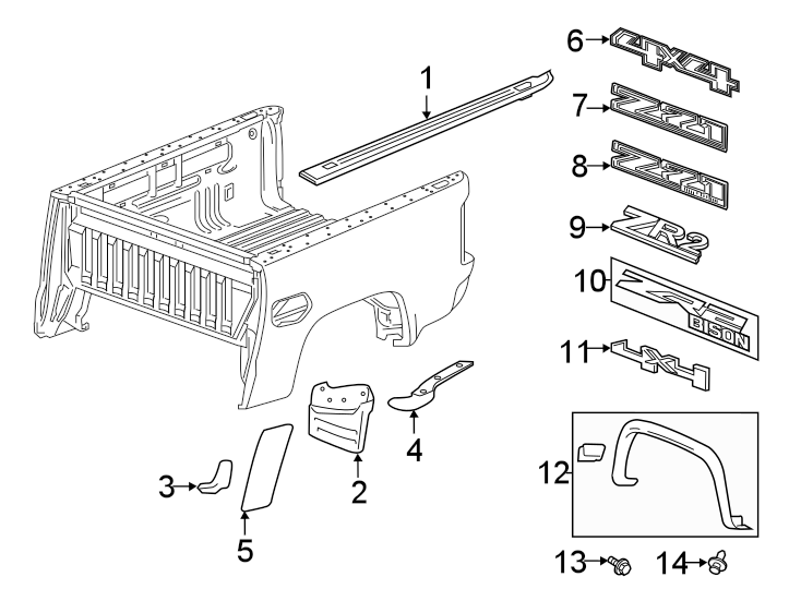 Diagram Pick up box. Restraint systems. Exterior trim. for your Chevrolet Silverado  