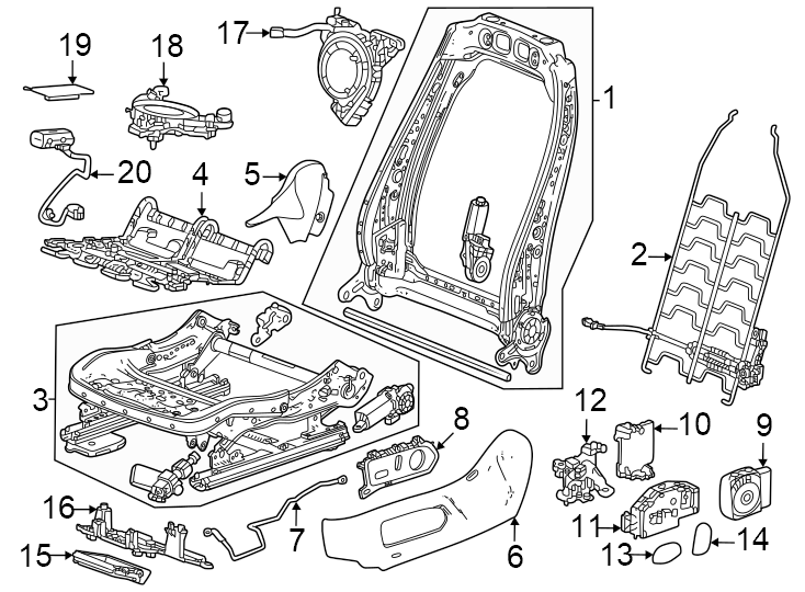 Diagram Seats & tracks. Driver seat components. for your 2018 Cadillac ATS Luxury Coupe 2.0L Ecotec A/T AWD 