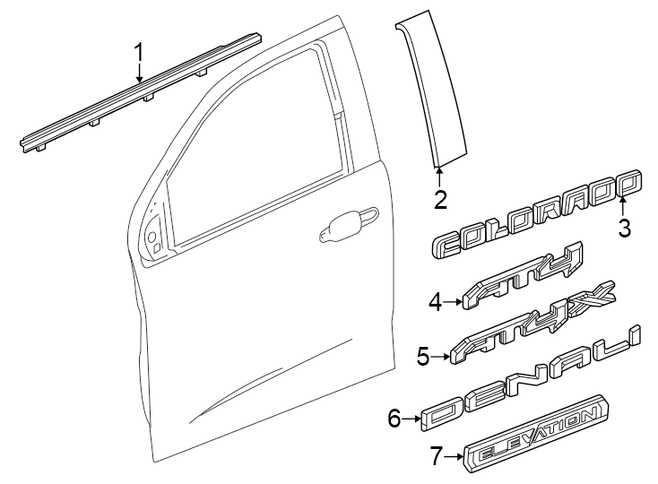 4Front door. Exterior trim.https://images.simplepart.com/images/parts/motor/fullsize/GD23555.png