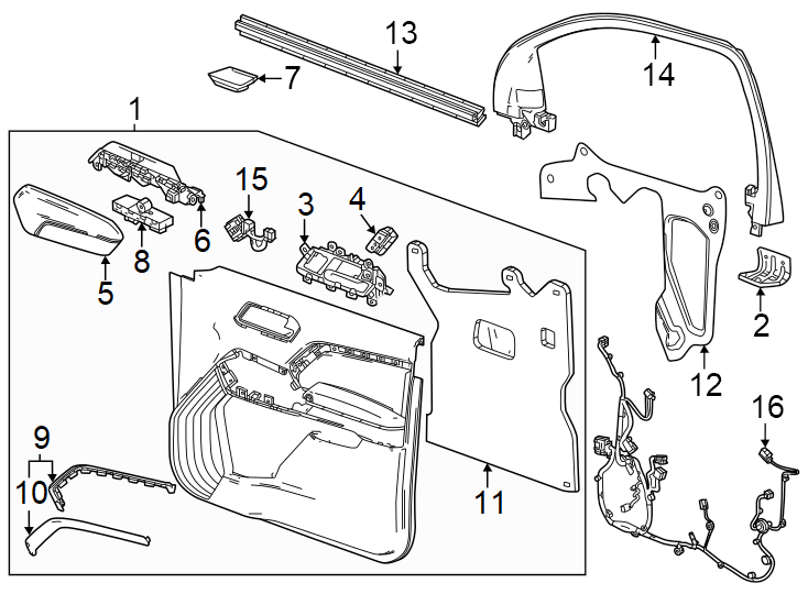 Diagram Front door. Interior trim. for your 2002 GMC Sierra 3500 6.0L Vortec V8 M/T RWD Base Extended Cab Pickup Fleetside 